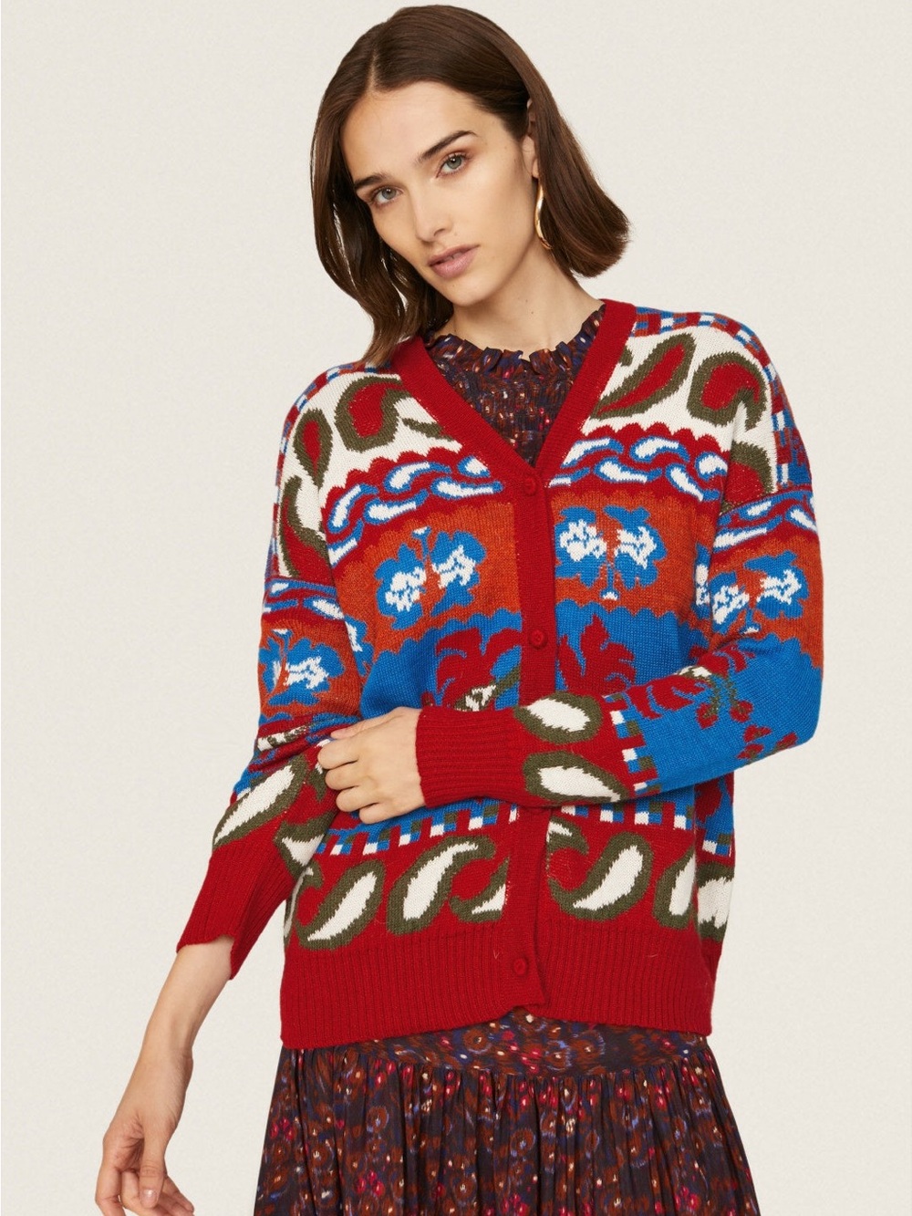 Carolina K Sabina Cardigan Paisley Blue Red Floral Knit Sweater XS NWT